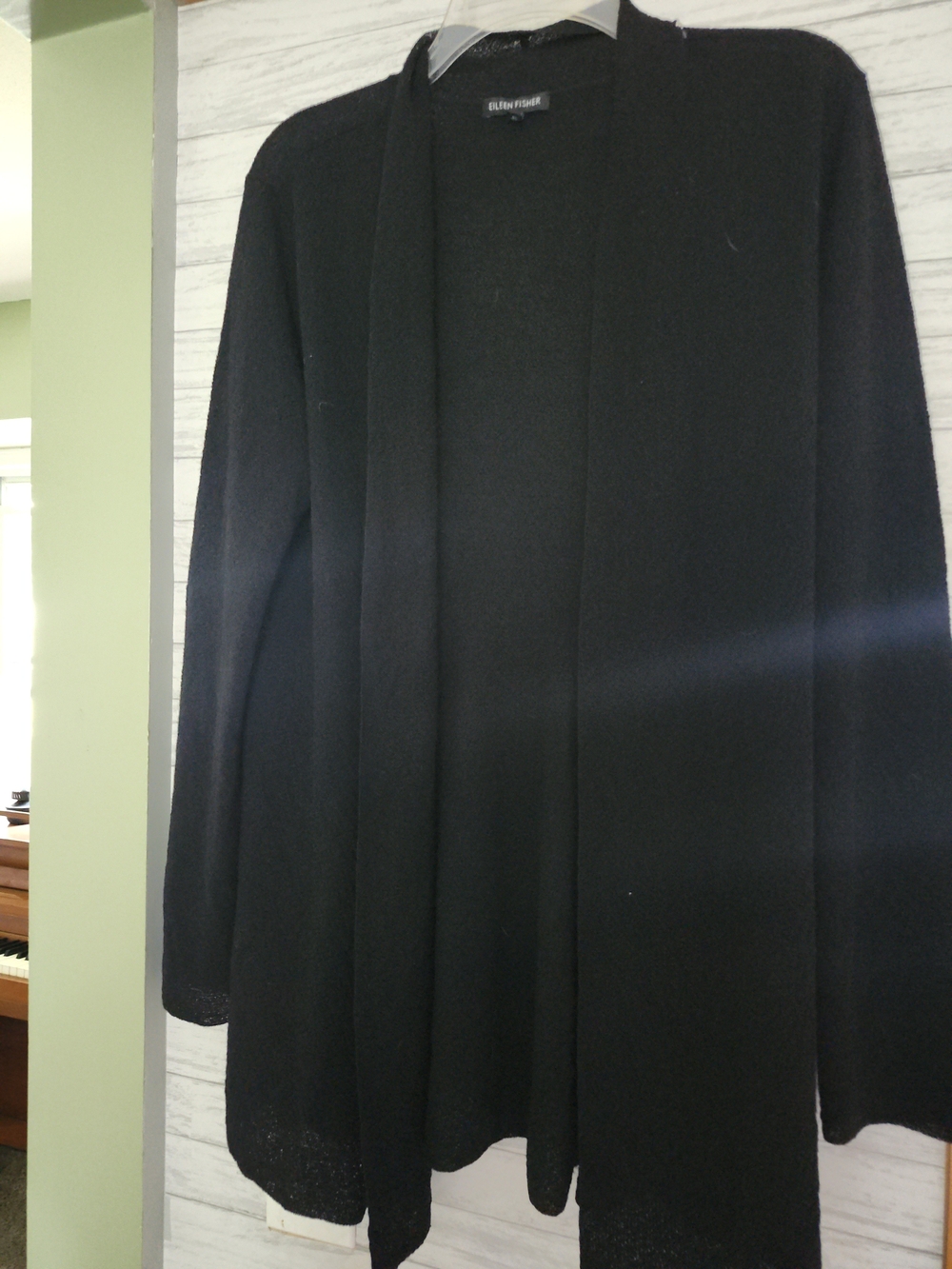 Eileen Fisher Black Open-Front Knit Cardigan 100% Wool Womens Medium Small Hole